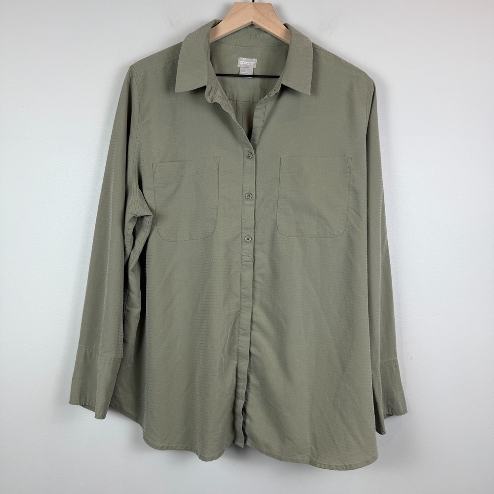 Chico's‎ Shirt Women's 3 US 16/18 Olive Green Swiss Dot Button Front Long Sleeve